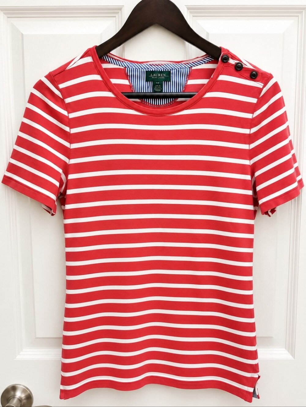Lauren Jeans Co Red Cotton Striped Button Shoulder Tee Sz PMed